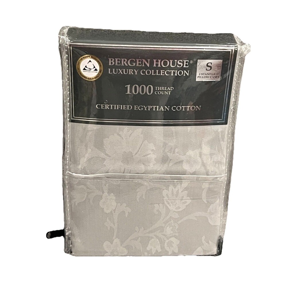 2 BERGEN HOUSE GREY FLORAL 100% Egyptian Cotton 1000TC Standard Pillowcases New